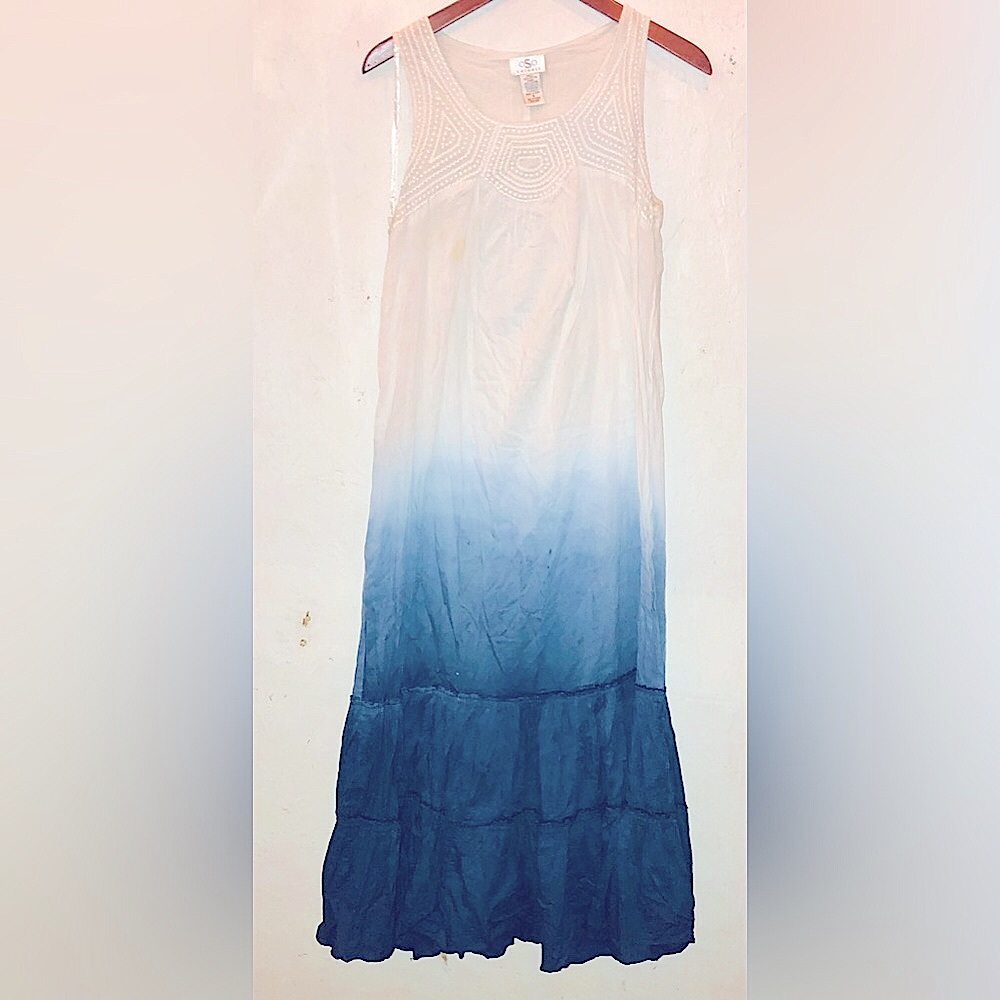Oso Casual Navy Blue & White Sleeveless Ombré Maxi Dress Size Small 100% Cotton
